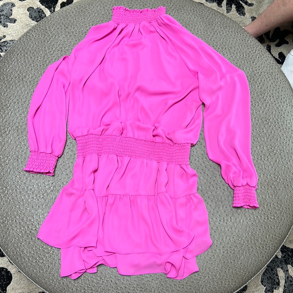 Revolve brand “Krisa” pink ruffle dress.